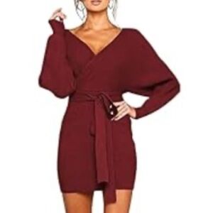 Women's V Neck Long Batwing Sleeve Wrap Midi Knit Sweater Dress, Size Small